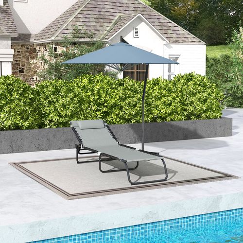 Outsunny Folding Beach Chair Chaise Lounge 4 Adjustable Positions, Light Grey