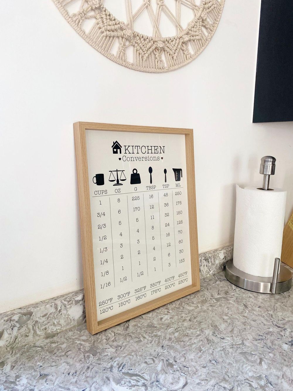 Kitchen Conversions Guide in Frame: Practical & Stylish Conversion Chart Print for Easy Cooking. Clear & Legible Measurements. Wooden Frame.