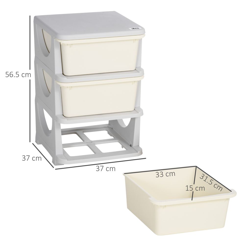 HOMCOM Kids Storage Units with 3 Drawers 3 Tier Chest Vertical Dresser Tower Toy Organizer for Nursery Playroom Kindergarten Cream