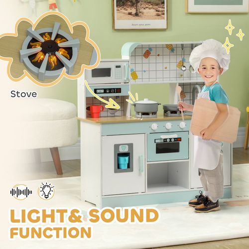 AIYAPLAY Toy Kitchen, Pretend Role Play Kitchen with Hob, Sound and Light, Coffee Machine, Ice Maker, Microwave, Oven, Storage Space, for Boys and Girls Aged 3+ Years