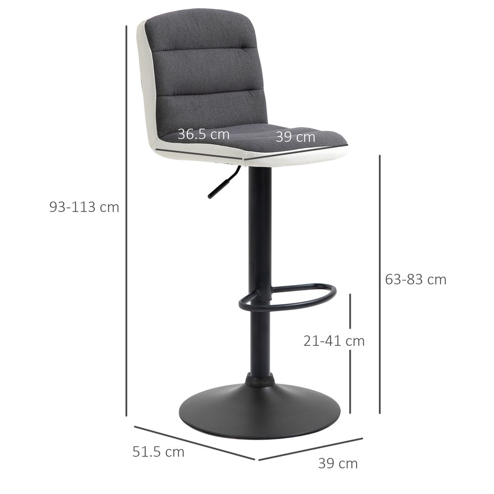 HOMCOM Bar Stools Set of 2, Height Adjustable Bar Chairs in Fabric and Faux Leather, 360° Swivel Kitchen Stool with Backrest and Footrest, Dark Grey