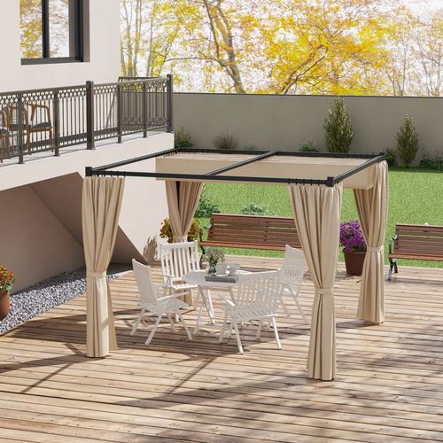Outsunny 3 x 3(m) Pergola with Retractable Roof and Curtains, Beige