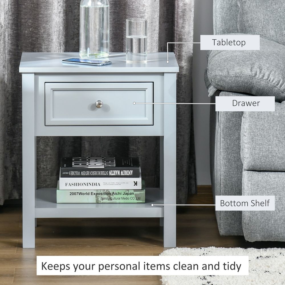 HOMCOM Bedside End Table Nightstand w/Drawer Open Shelf Table Top Metal Handle Classic Home Stylish Furniture Grey