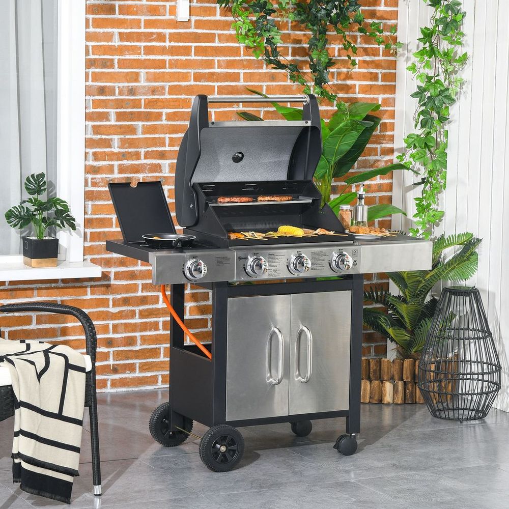 Outsunny Deluxe Gas BBQ Grill 3+1 Burner Garden w/ Large Cooking Area & Side Gas Burner