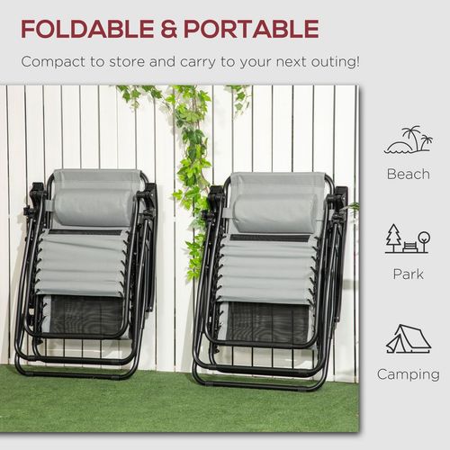 Foldable Garden Recliner Chair Set of 2 w/ Footstool & Headrest, Grey