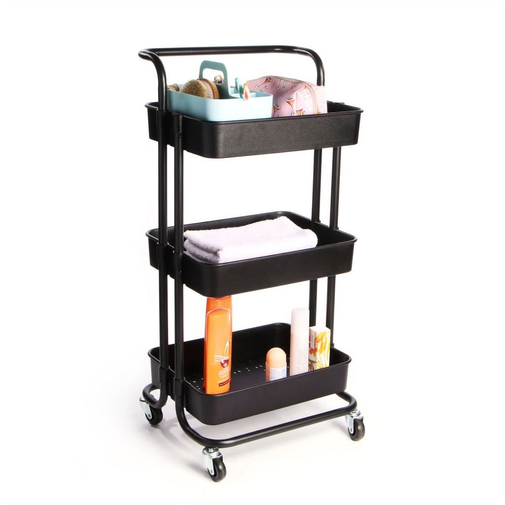 3 Tier Black Storage Trolley | M&W | Easy Assembly | Rust-Resistant | Versatile