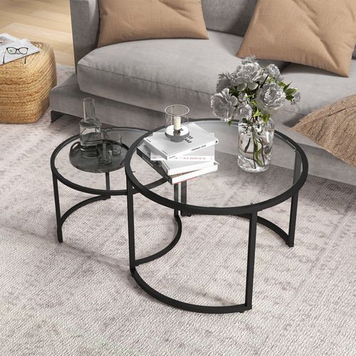 HOMCOM Glass Coffee Table Set of 2, Round Nest of Tables for Living Room