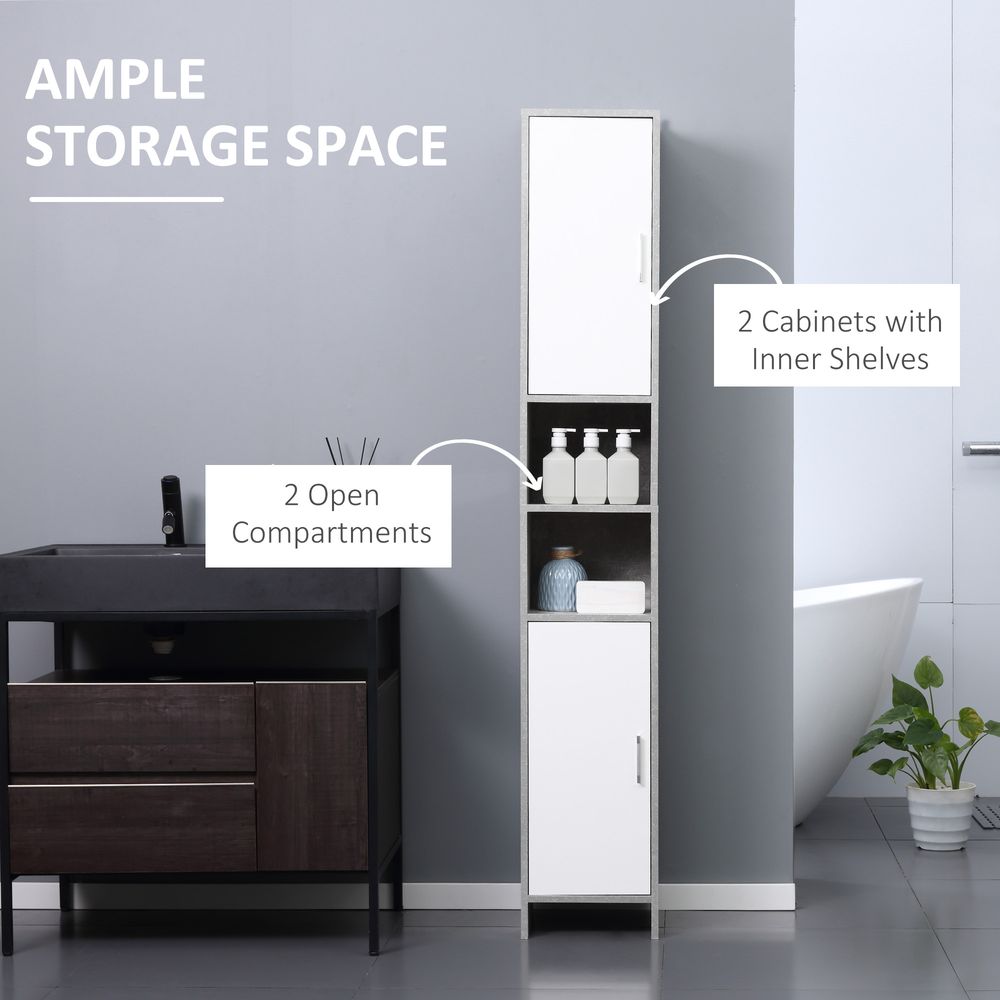 kleankin Free-standing Tall Bathroom Storage Cabinet w/ 2 Cupboards 2 Open Compartments, Slim Bathroom Organizer Adjustable Shelves Elevated Base for Living Room, Grey