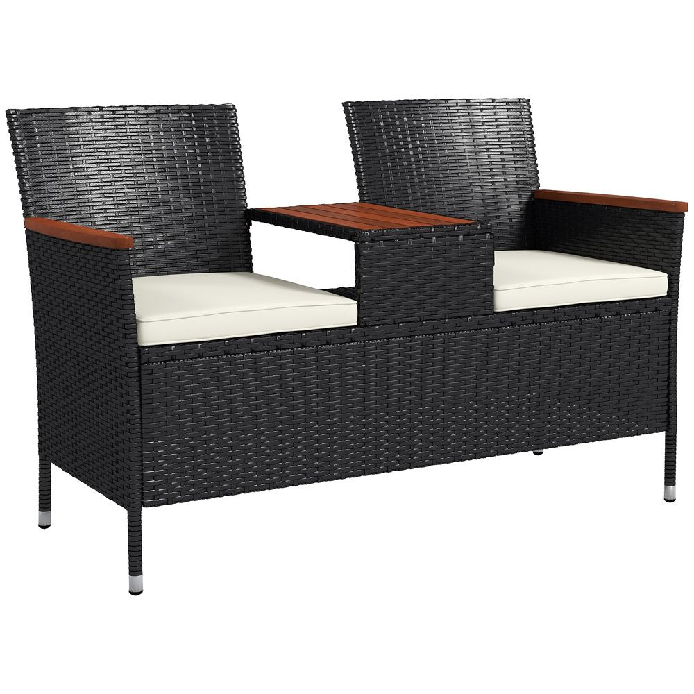 Outsunny Rattan Garden Bench - Wood Top Table - Wicker Chair - Cushions - Outdoor Furniture
