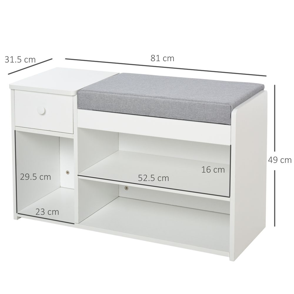 HOMCOM Multi-Storage Shoe Bench w/Drawer 3 Compartments Cushioned Home Organisation Furniture Tidy Boots Hallway Entryway White