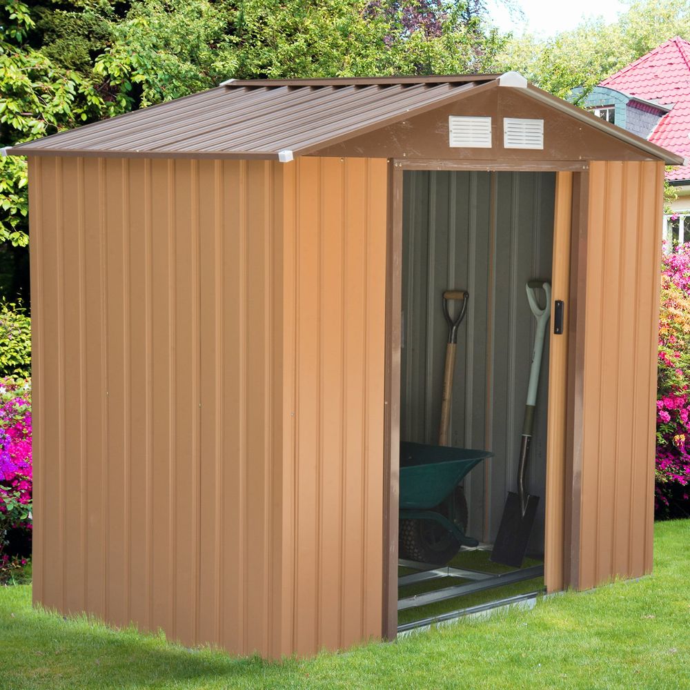Lockable Garden Shed Large Patio Roofed Tool Metal Storage Sheds Box Khaki