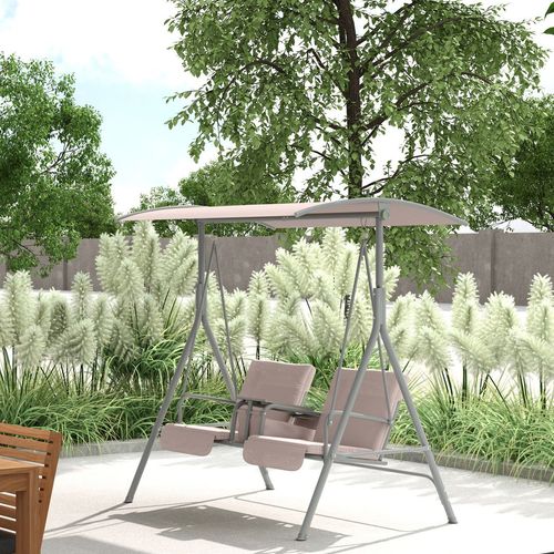Outsunny 2 Person Covered Patio Swing with Pivot Table & Storage Console Beige