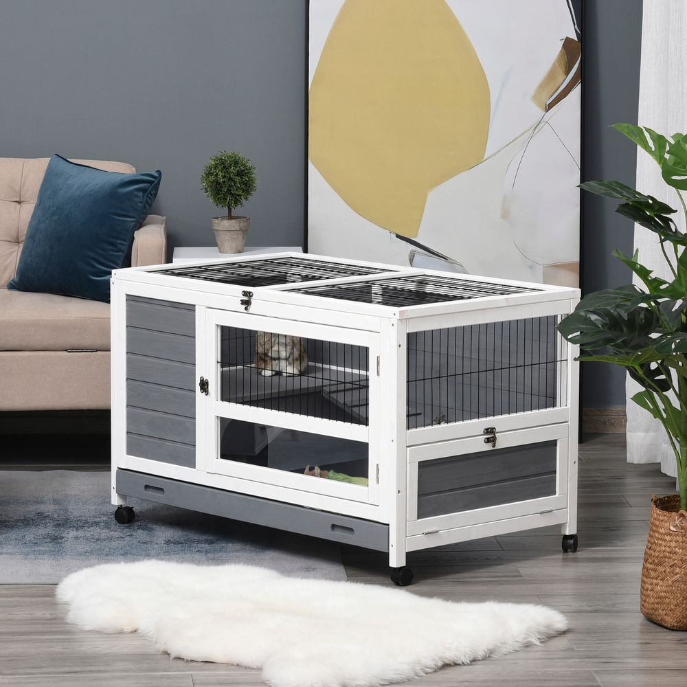 PawHut Indoor Rabbit Hutch Guinea Pig House Wooden Elevated Pet Bunny Cage with Wheels Openable Roof 102 x 60 x 63.5cm Grey