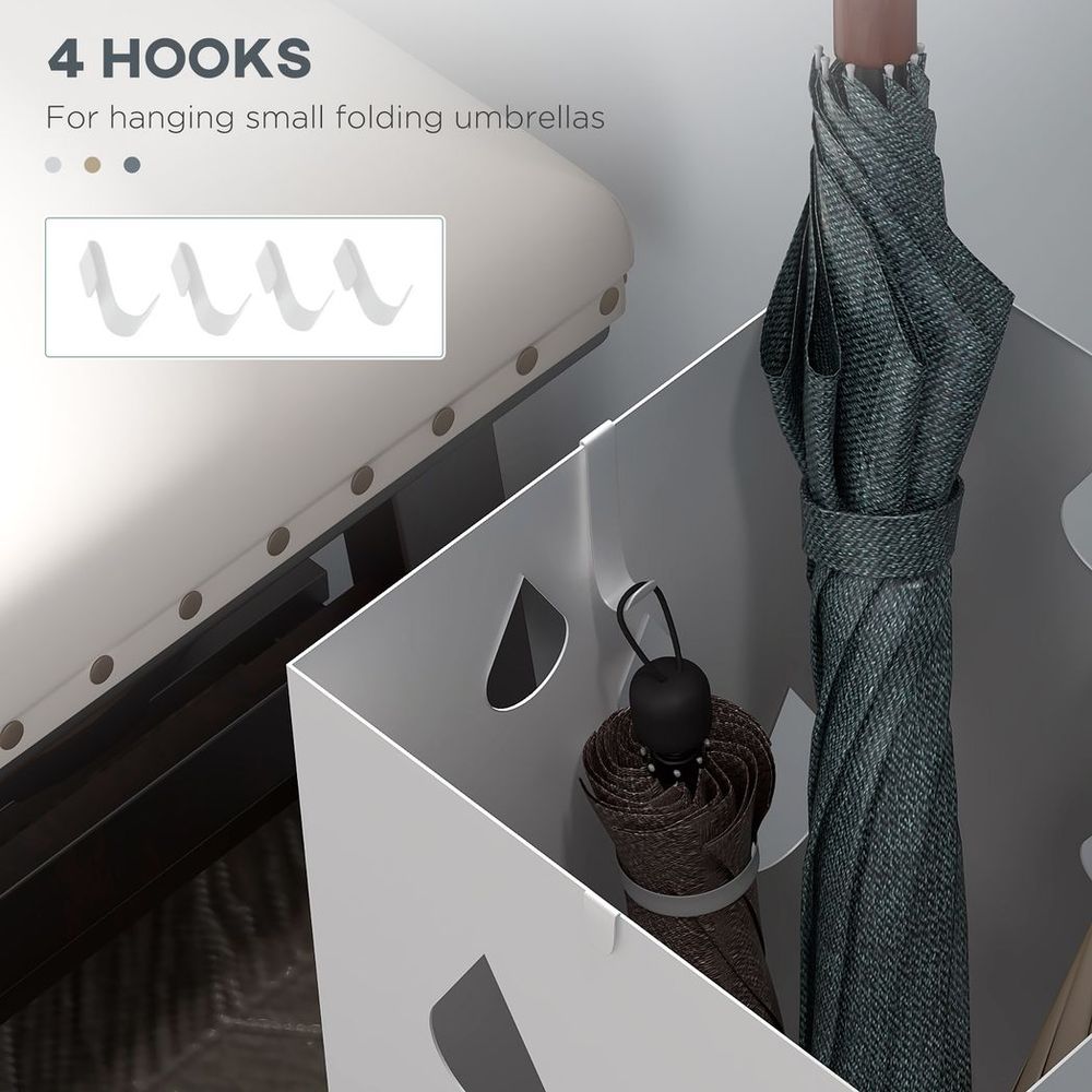 HOMCOM Metal Umbrella Stand, Square Umbrella Basket with 4 Hooks Drip Tray White