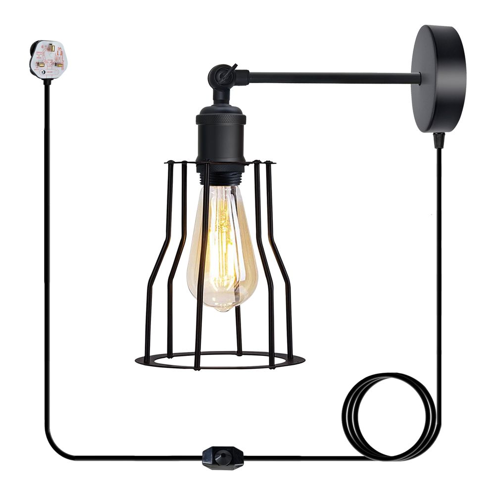 Black Vintage Industrial Light Plug in Wire cage E27 Wall Lamp~5059