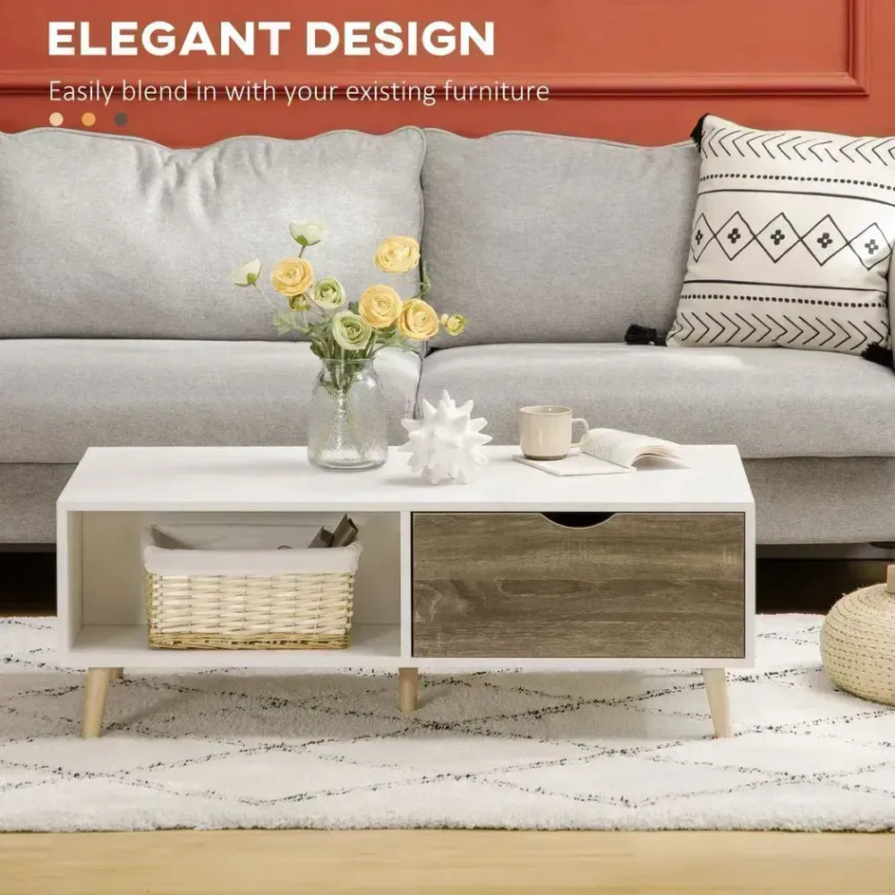 Modern Coffee Tables for Living Room w/ Storage Shelves, 2 Drawers, White