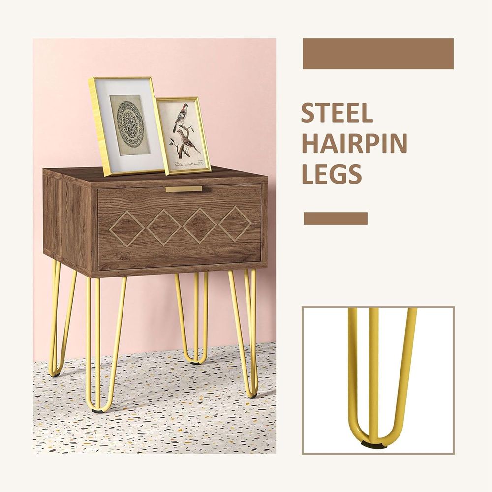 HOMCOM Bedside Table with Drawer, Gold Metal Legs for Living Room Bedroom