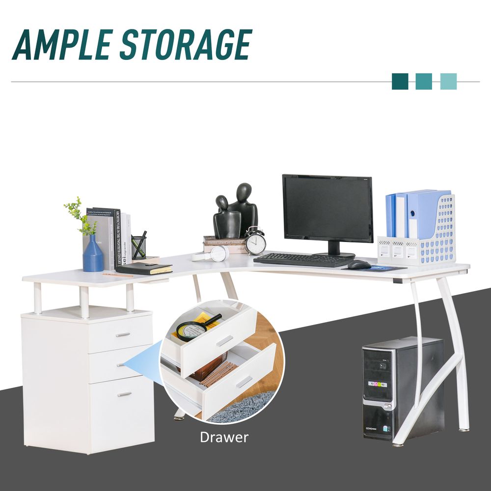 HOMCOM L-Shaped Computer Desk Table with Storage Drawer Home Office Corner Industrial Style Workstation for A4 Files 143.5 x 143.5 x 76cm, White