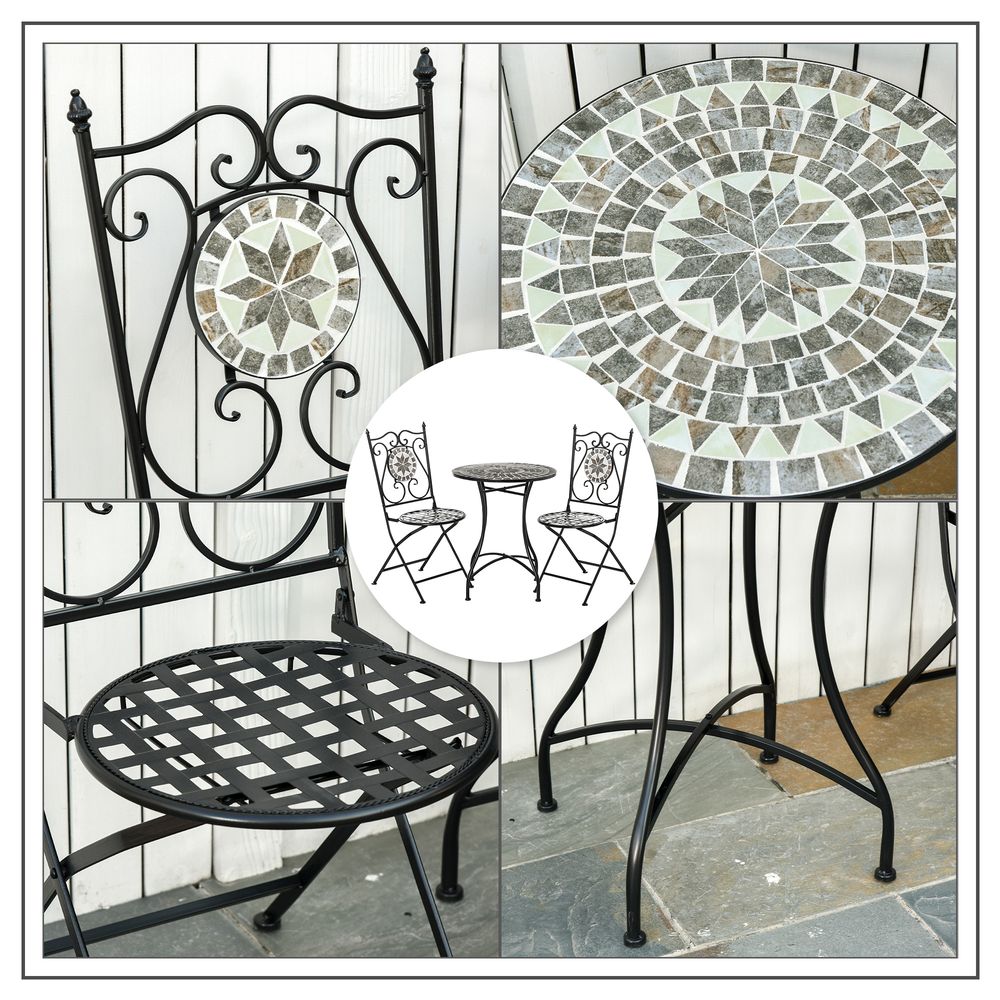 Premium Metal Mosaic Tile Bistro Set - 3 Pc Folding Chairs - Outdoor Garden Furniture