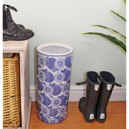 Umbrella Stand, Vintage Blue & White Marigold Design