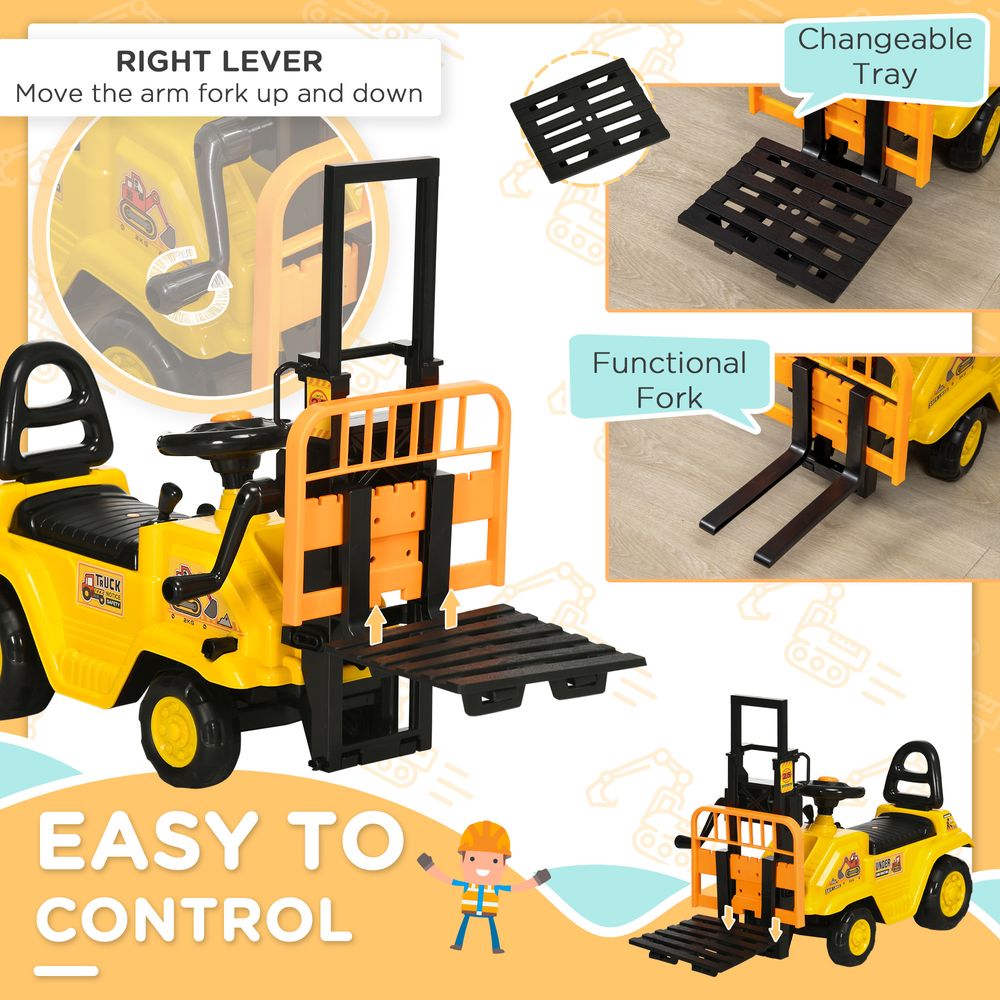 HOMCOM Kids Ride on Forklift Truck w/Fork and Tray, Ride On Tractor w/Under Seat Storage, Treaded Wheels, No Power Design, for 3-4 Years Old