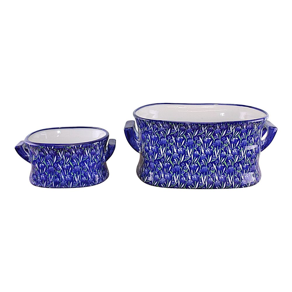 Vintage Ceramic Footbath Planters: Blue & Green Crocus Design, Set of 2
