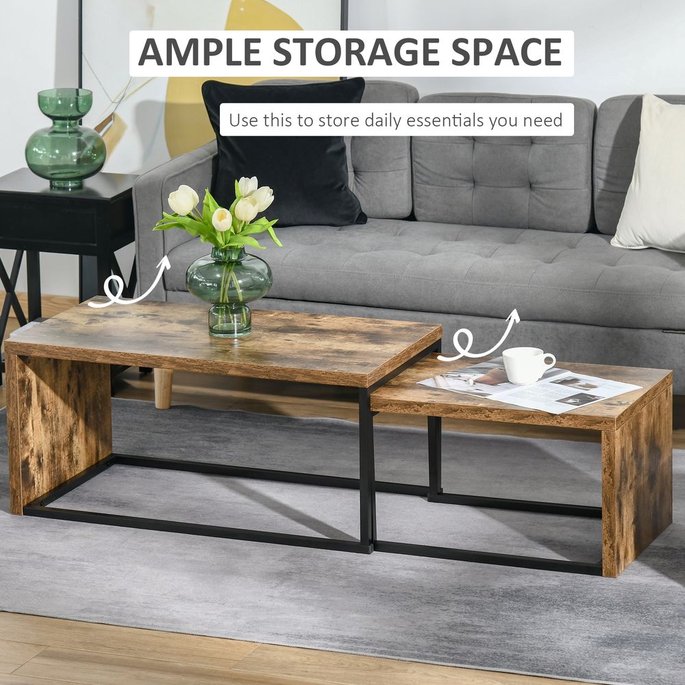 HOMCOM Coffee Tables Nesting Table Set of 2 Side Table w/Metal Frame for Living Room Bedroom Black & Brown