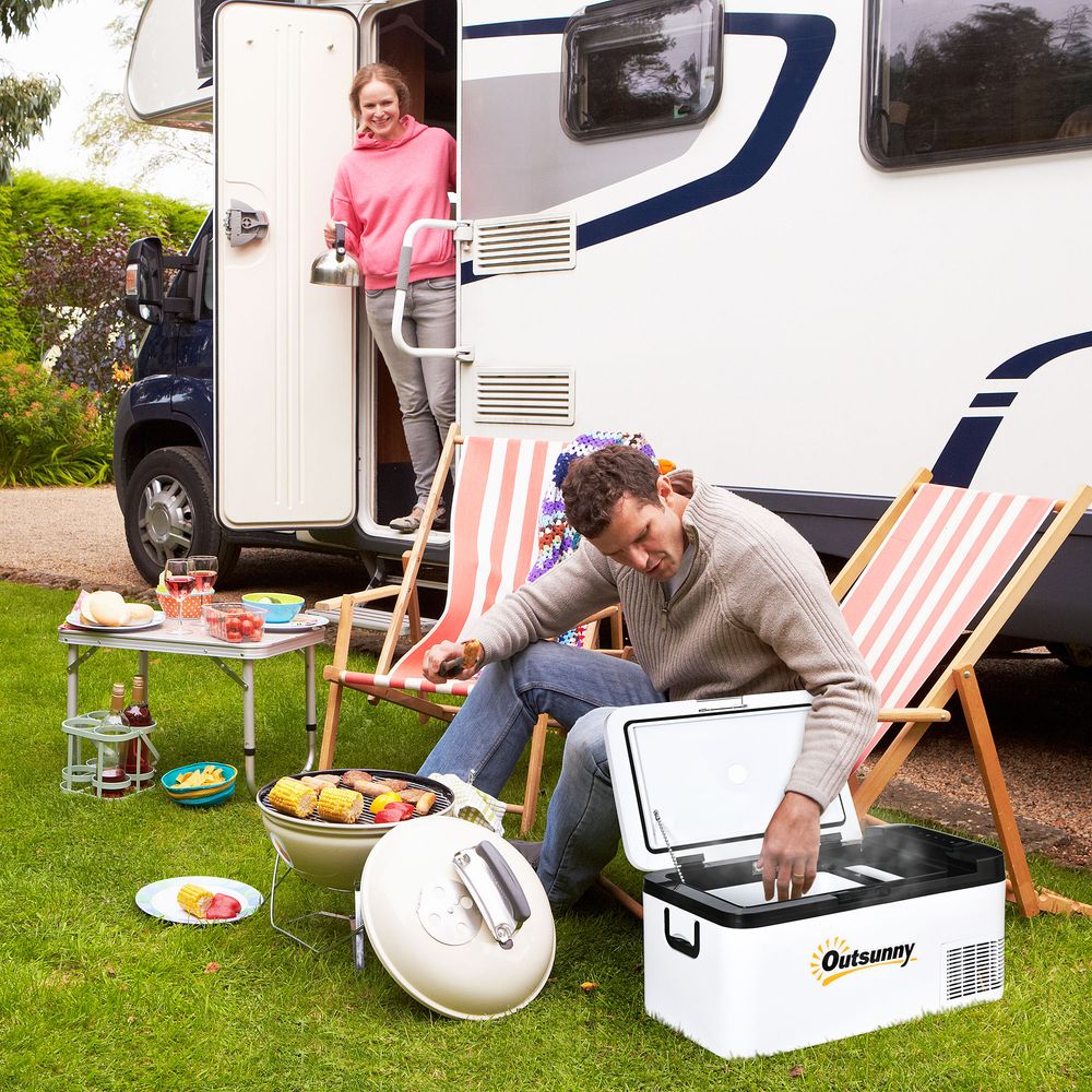 Outsunny 12V Car Refrigerator w/LED Light & Foldable Handles, 18L Portable Compressor Cooler, Fridge Freezer with 12/24V DC and 110-240V AC for Campervan RV Boat Travel