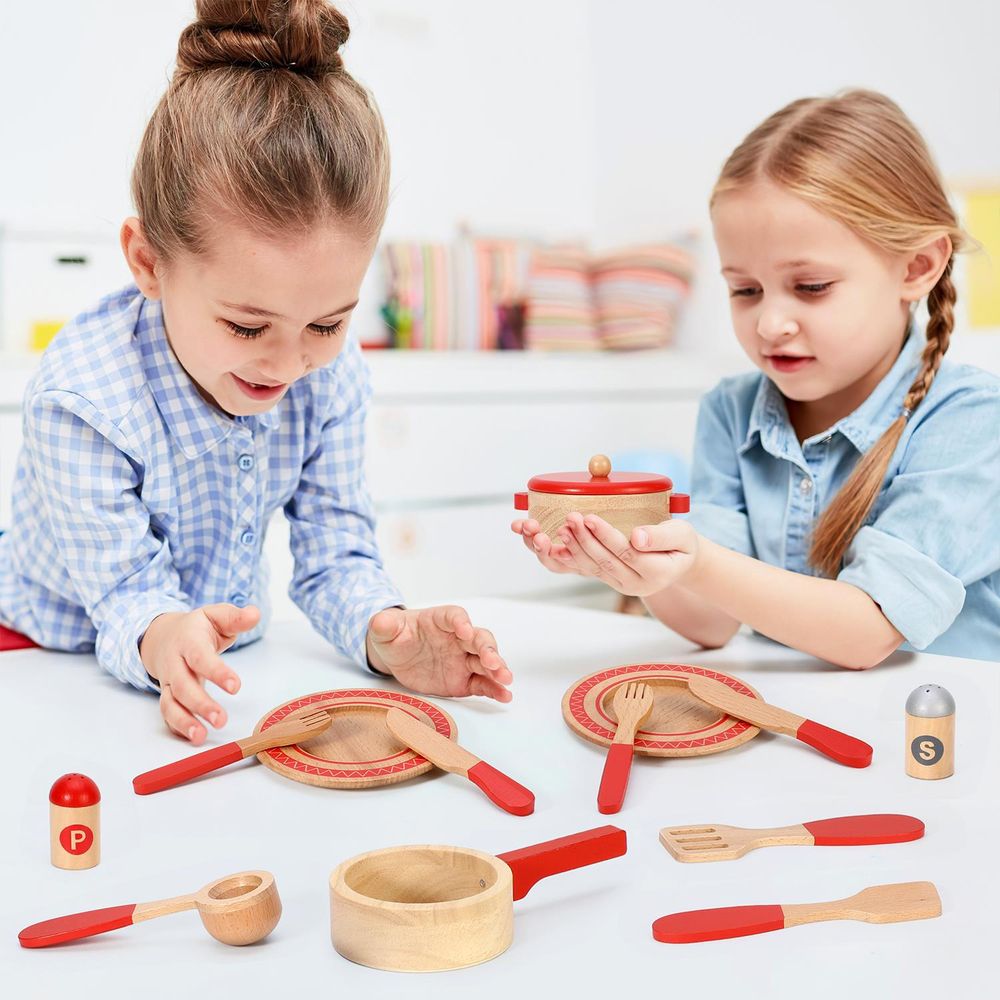 Child's Wooden Cooking Set - Master Chef Quality - Includes Saucepan, Frying Pan, Utensils - Enhance Imagination & Skills