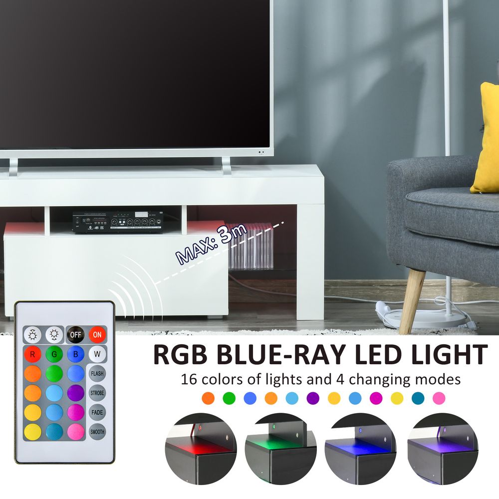 HOMCOM High Gloss TV Stand Cabinet with LED RGB Lights and Remote Control for 43"/50"/55" TV, Media TV Console Table with Storage Compartment, White