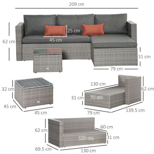 3 Pc PE Rattan Corner Sofa Set, w/ Tempered Glass Table-top & Soft Cushion Grey