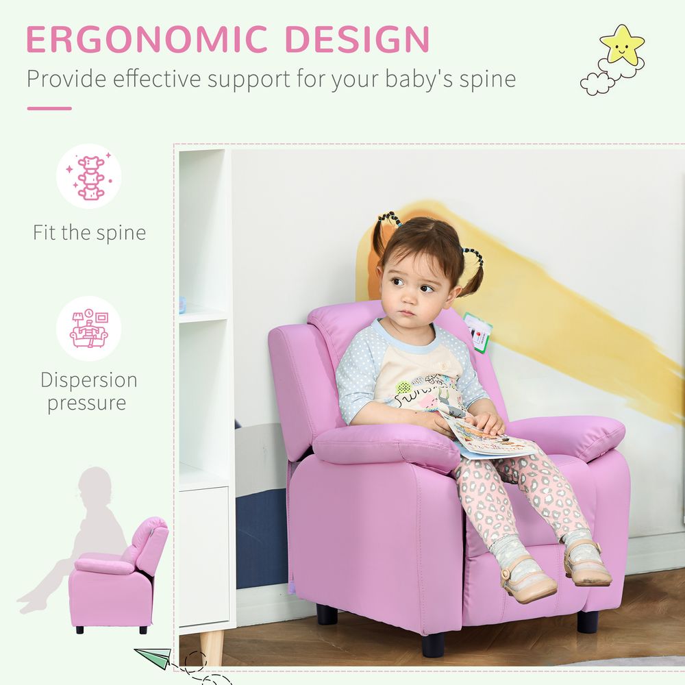 HOMCOM Kids Sofa Armchair Toddler Recliner Children's Chair Lounger Games Chair PU Leather w/Storage (Pink)