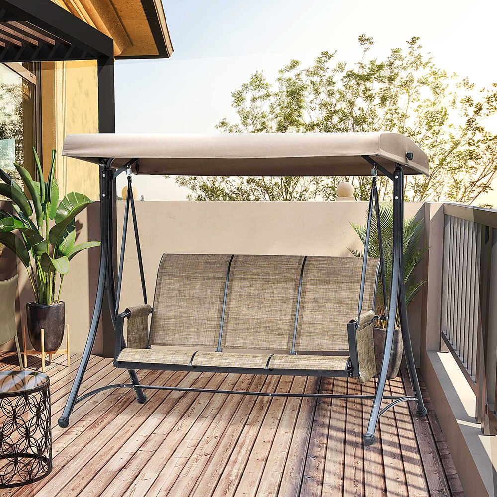 3 Person Swing Chair High Back Design, Side Pouches & Adjustable Canopy, Brown