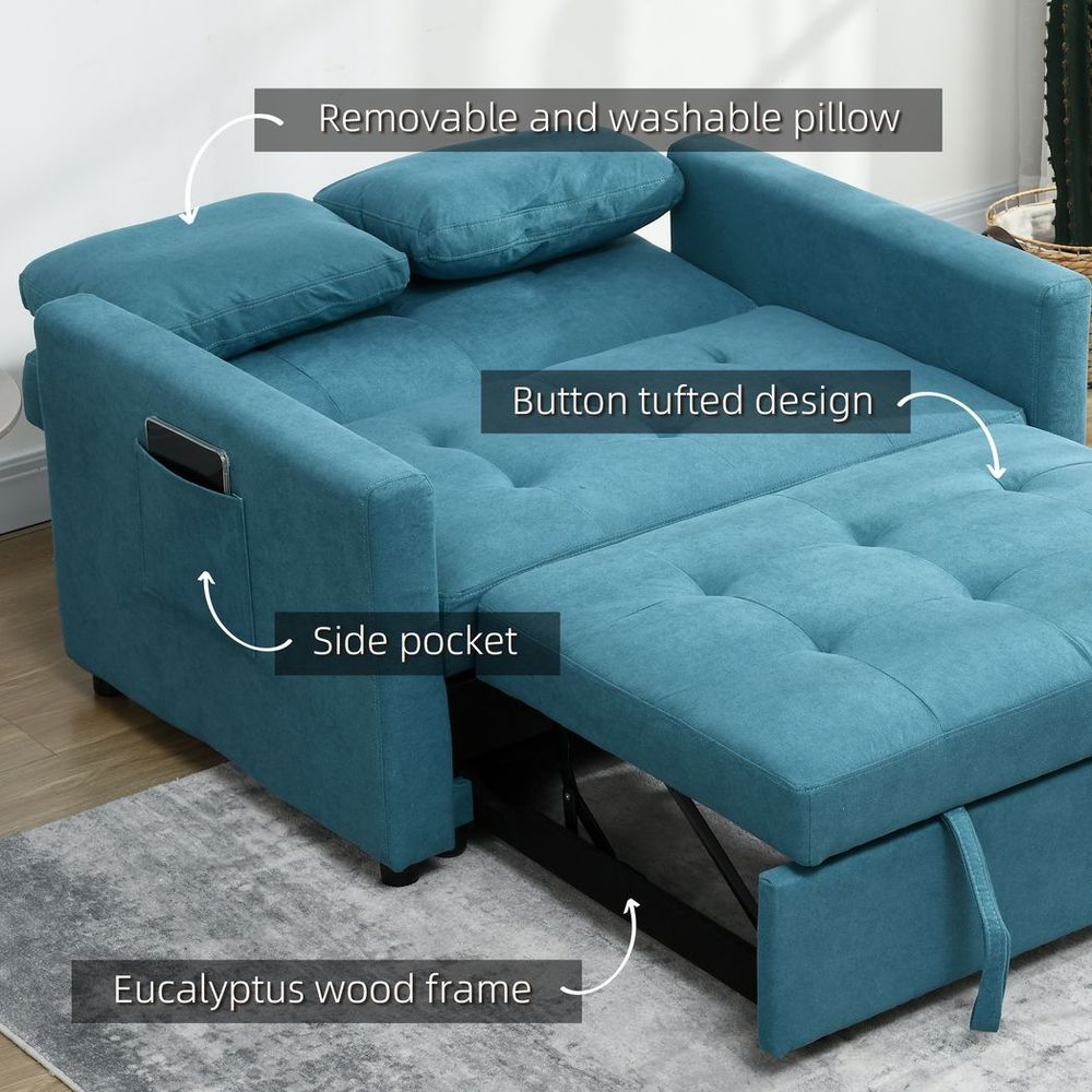 Premium HOMCOM 2 Seater Sofa Bed Settee - Blue, Convertible, Cushions, Pockets