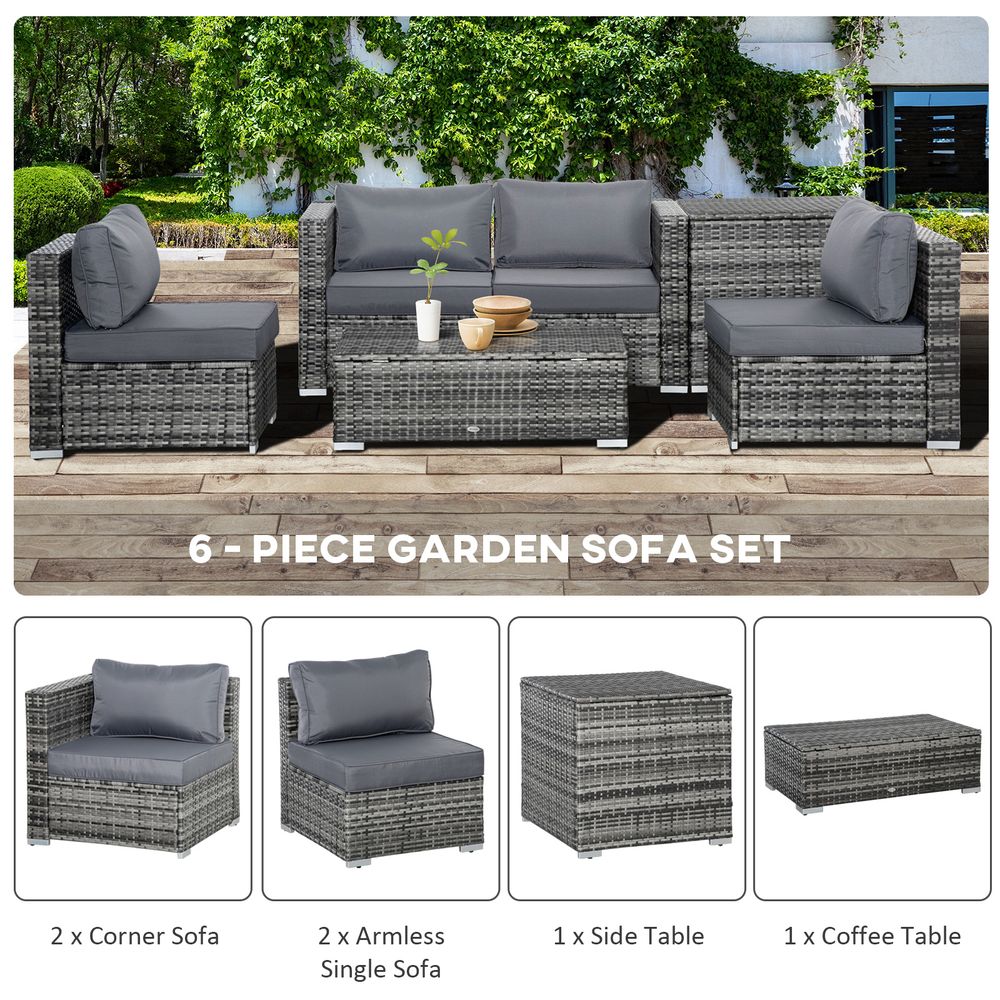High-Quality 6PC Rattan Corner Sofa Set w/ Cushion - Grey