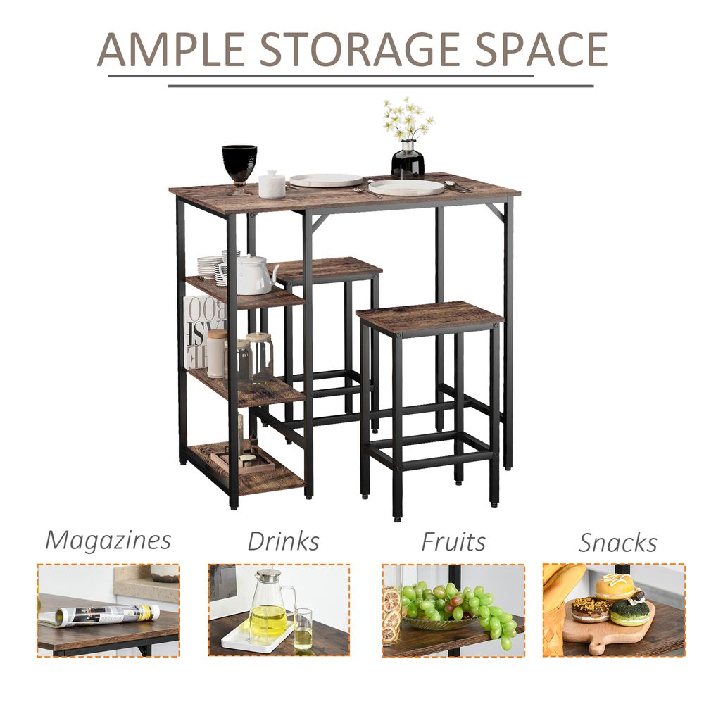 Industrial Bar Height Dining Set: 3PC Table, 2 Stools, Side Shelf - Sturdy & Stylish