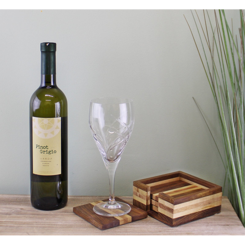 Set of 4 Wooden Coasters With Holder