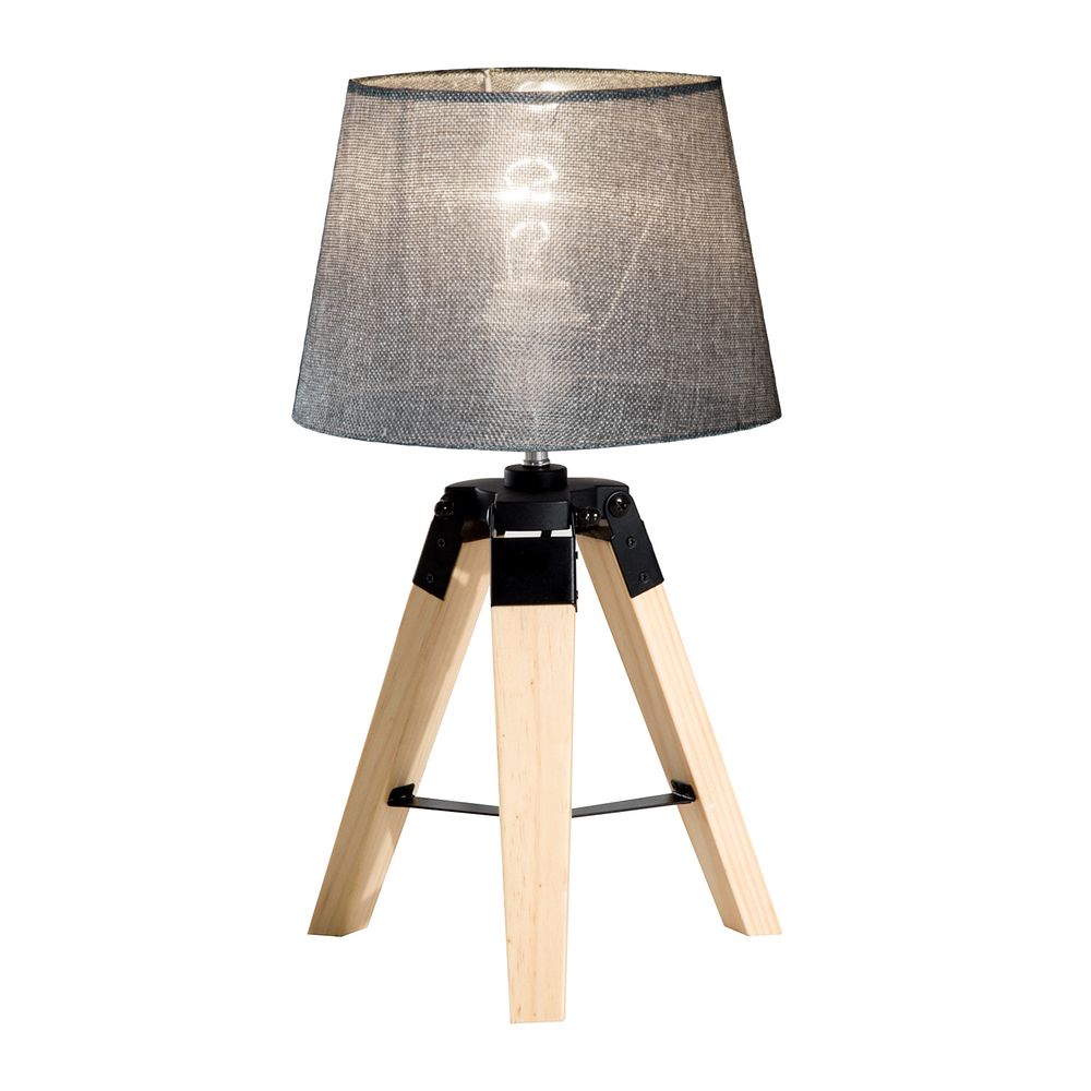 HOMCOM Wooden Tripod Table Lamp for Side, Desk or End Table with E27 Bulb Base (Grey Shade)
