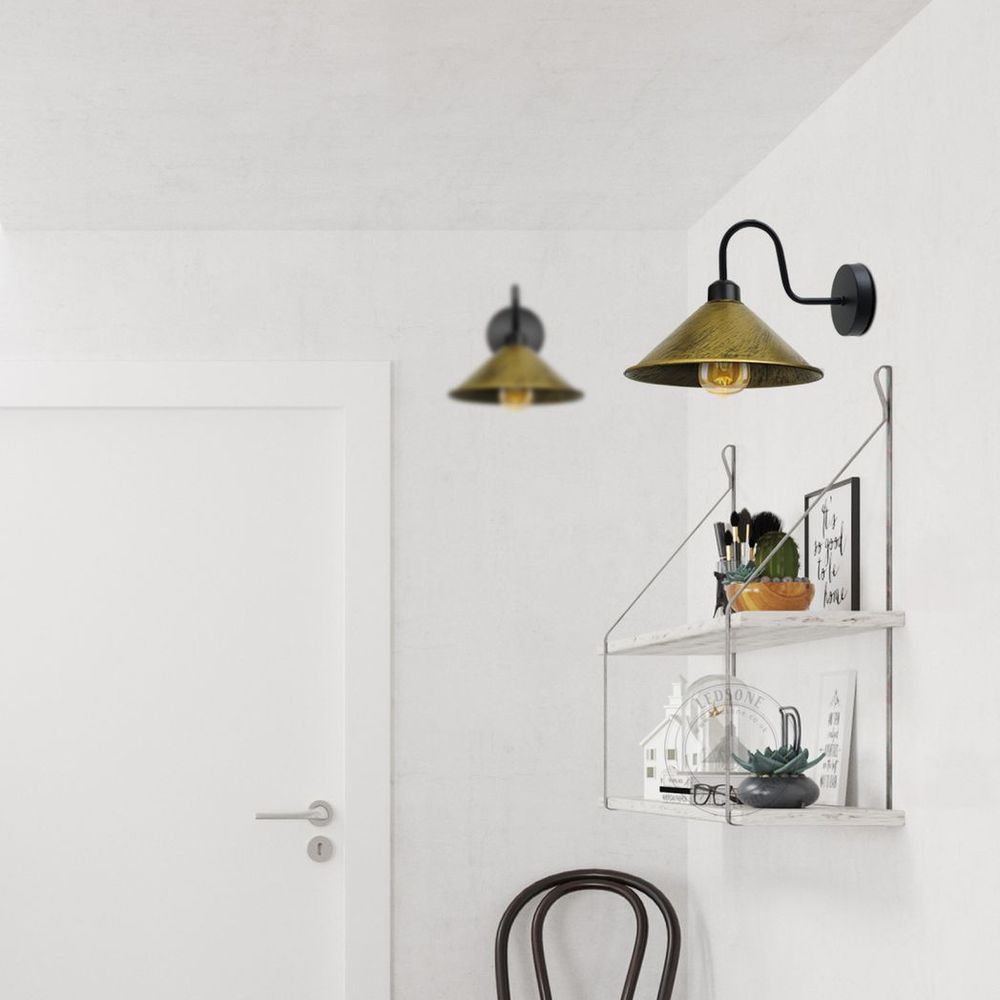 Vintage Brass Wall Sconce, Black Cone Shape Shade, E27 Base, Dimmable, Retro Design, Indoor Lighting