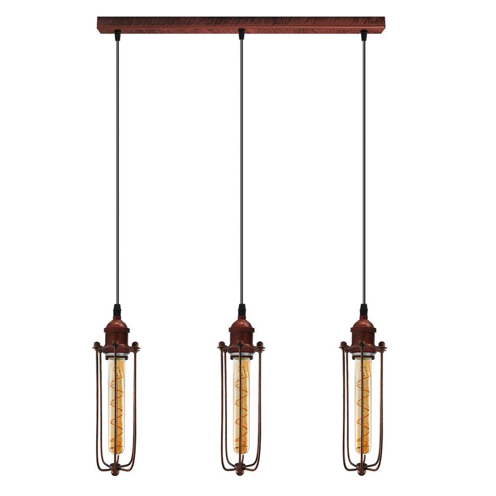 Vintage Rustic Red Pendant Lamp - 3 Head Reactangle Base, Metal Shade, E27 Base, Brushed Light, Long Wire - High Quality