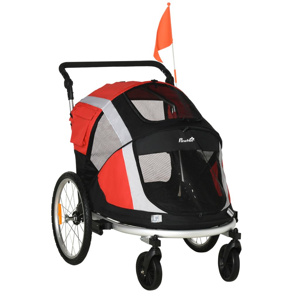 PawHut Dog Bike Trailer 2-in-1 Pet Stroller for Large Dogs Cart Foldable Bicycle Carrier Aluminium Frame with Safety Leash Hitch Coupler Reflector Flag Red