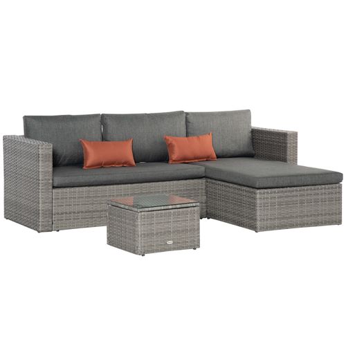 3 Pc PE Rattan Corner Sofa Set, w/ Tempered Glass Table-top & Soft Cushion Grey