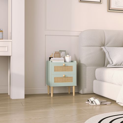 HOMCOM Boho Rattan Bedroom Chest of Drawers, 2 Drawer Dresser, Light Blue