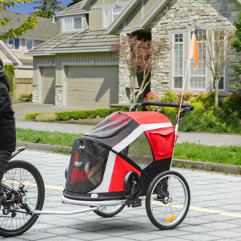 PawHut Dog Bike Trailer 2-in-1 Pet Stroller for Large Dogs Cart Foldable Bicycle Carrier Aluminium Frame with Safety Leash Hitch Coupler Reflector Flag Red