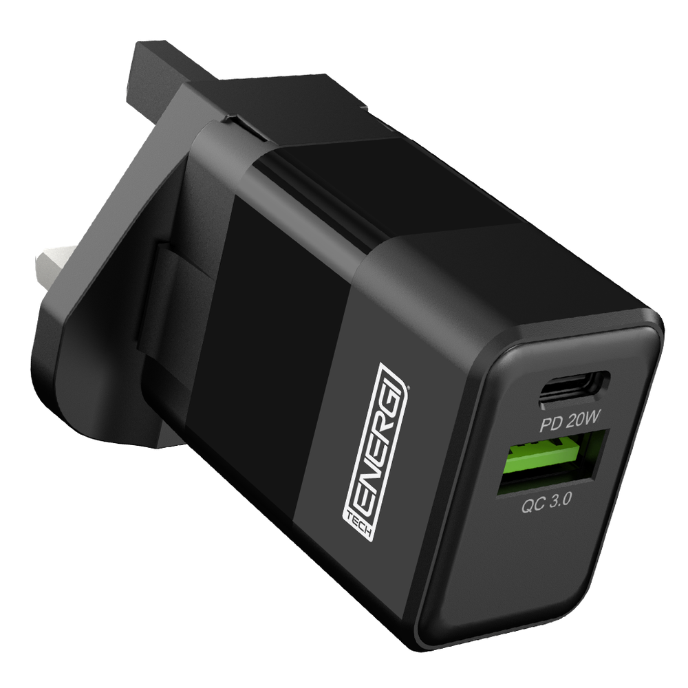 Tech Energi 38W USB-A (QC 18W) USB-C (PD 20W) UK Mains Charger - Black. Lifetime Warranty. High-performance portable charger.