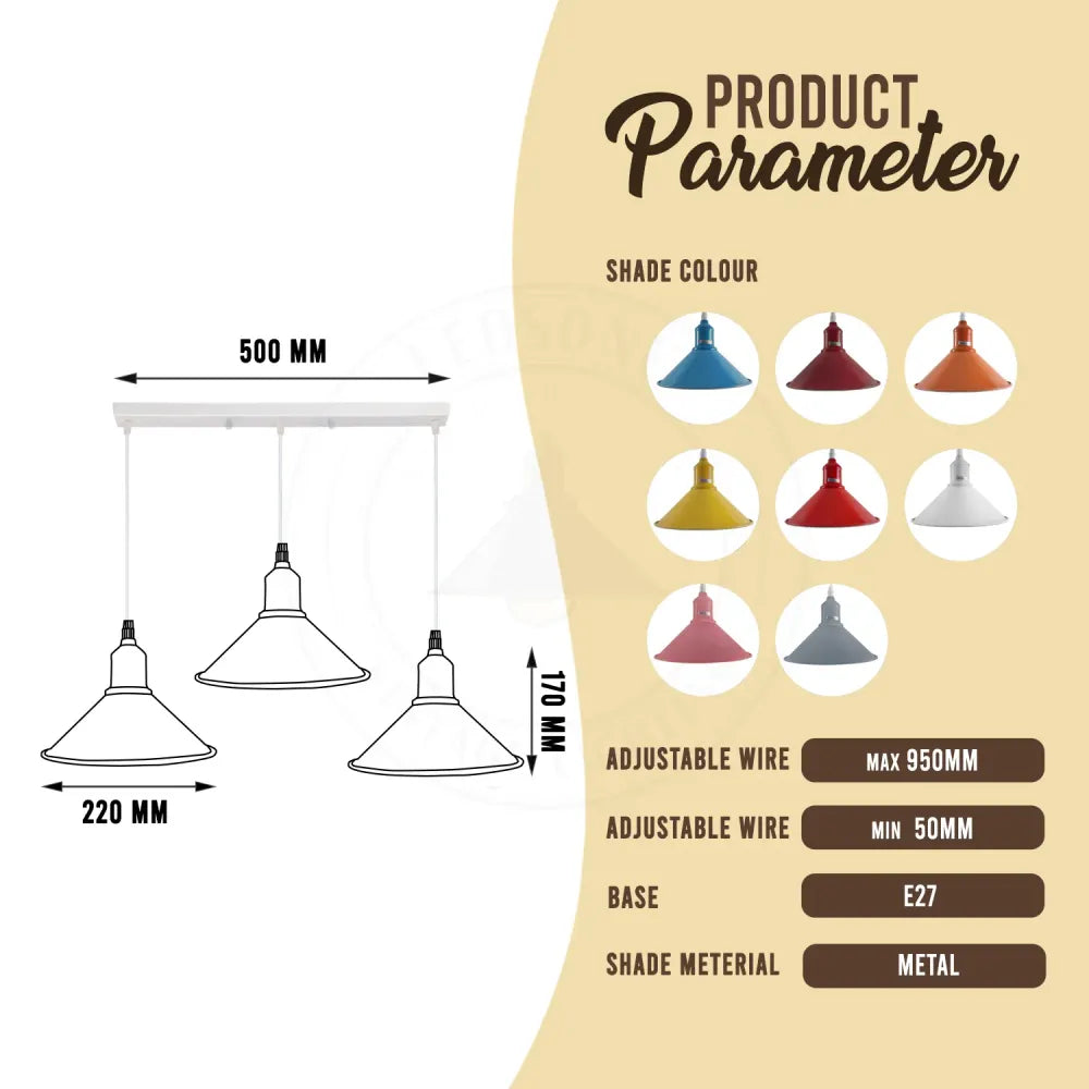 Industrial Vintage Loft Kitchen Bar 3 Lights Fittings Ceiling Cone Metal E27