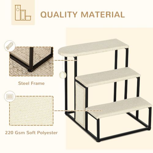 PawHut 3 Steps Dog Stairs, Pet Steps for Cat for Sofa and Bed with Sisal Scratching Board, Hanging Toy Ball, 47 x 45 x 47cm - Cream White