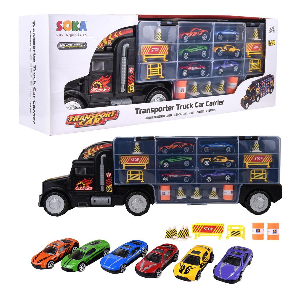 Soka Car Transporter Carrier Truck Toy - Play Vehicle Set of 1 Big Truck Carrier, 6 Colourful Metal Cars, 5 Cones, 2 Barrels and 4 Stop Signs