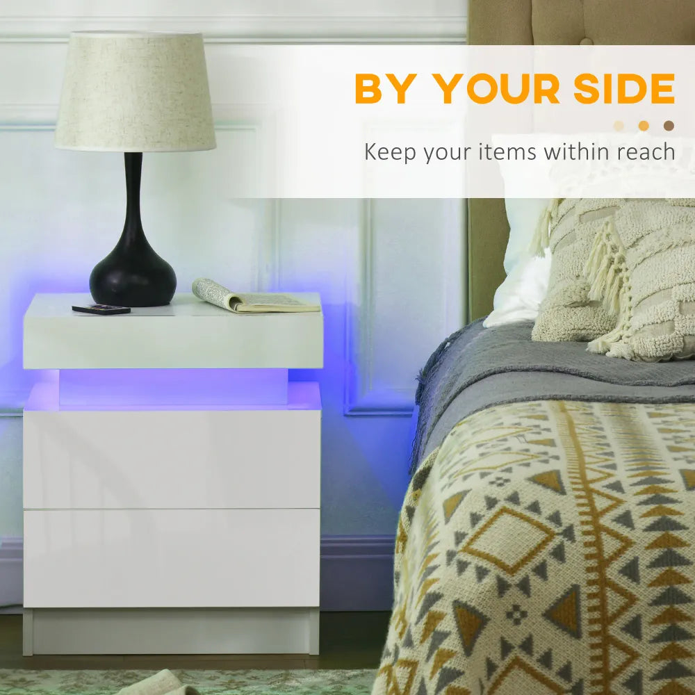 HOMCOM White Bedside Table, High Gloss Front Nightstand w/ LED Light, 2 Drawers