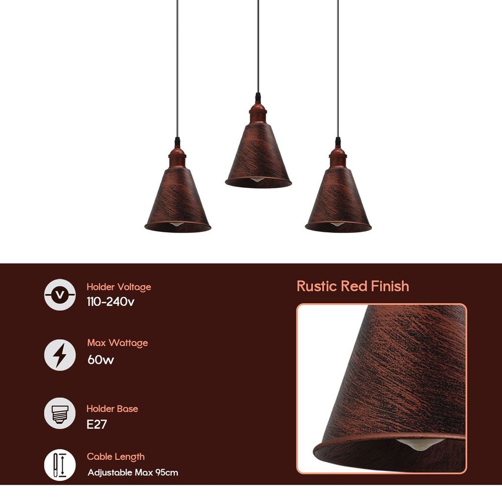 Rustic Red 3 Head Pendant Light | Metal Brushed | E27 Base | Vintage Retro Style | Long Cone Shade | High Quality
